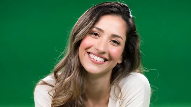 Shy woman blushing — looking down, smiling softly — green screen background 