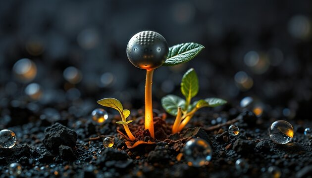 Futuristic Tech Seedling or Nanobot Plant Growing from Dark Soil, Featuring a Glowing Orange Core and Metallic Head, Symbolizing Sustainable Technology, Green Innovation, and Future of Agriculture
