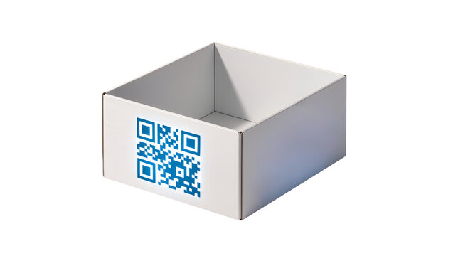 Open white cardboard box featuring blue QR code for scanning and quick information. This empty packaging for delivery and logistics symbolizes modern technology and e commerce