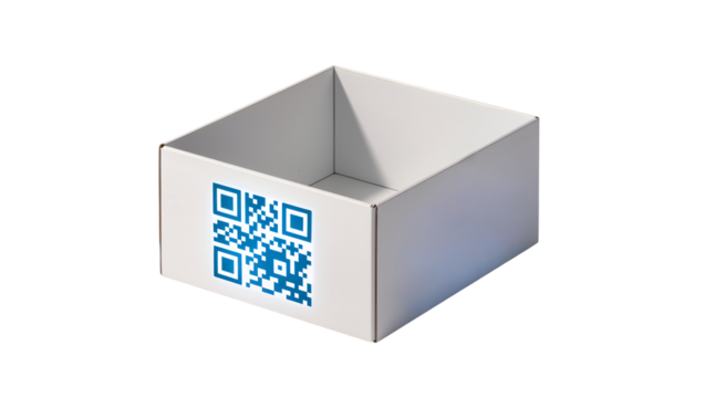 Open white cardboard box featuring blue QR code for scanning and quick information. This empty packaging for delivery and logistics symbolizes modern technology and e commerce