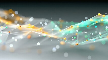 An abstract, glowing network of interconnected nodes and lines, with blurred colorful bokeh lights in the background.