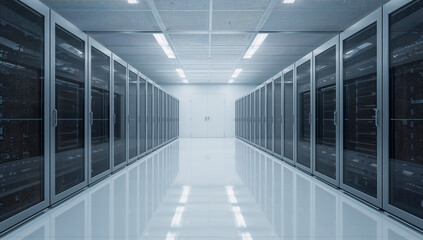 Modern data center hallway with server racks and bright lighting