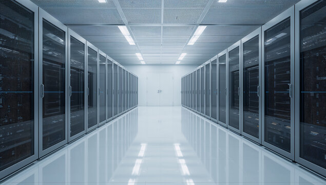 Modern data center hallway with server racks and bright lighting