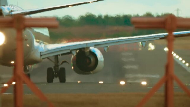 Airliner accelerating on runway during takeoff roll. Jet speeding along landing strip with engines producing visible heat waves under clear sky. Aircraft moving fast on airfield preparing for