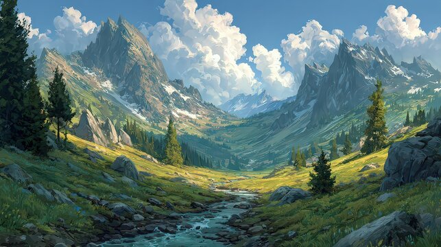 Pixelated Mountain Valley Landscape with Flowing Stream under a Cloudy Sky