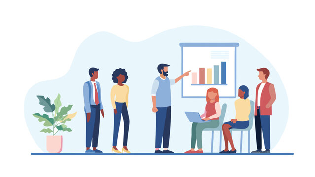 Diverse team of professionals collaborating during a business presentation with a bar chart on a whiteboard and a laptop