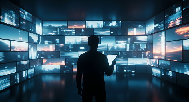 A person stands in a room filled with screens displaying various images, holding a tablet and seemingly immersed in the digital world around them.