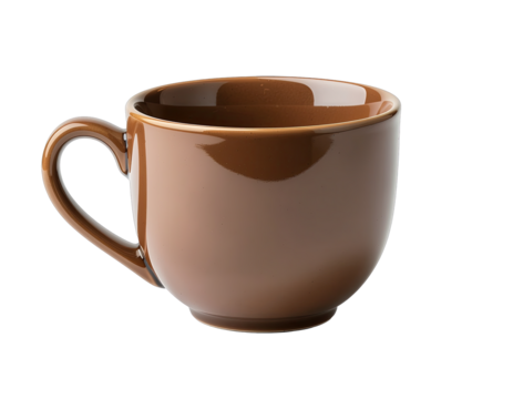 A single brown ceramic mug with a handle sits isolated on a transparent background showcasing a simple elegant design perfect for beverage photography