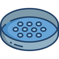 Blue petri dish with circular sample containers and clear liquid inside grey border laboratory equipment science experiment research