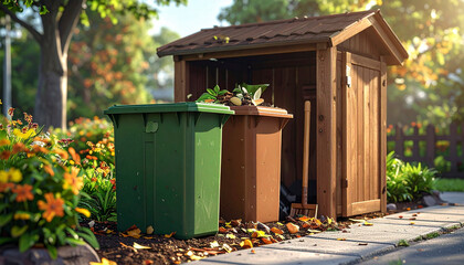 Garden waste bins near wooden shed in a flower garden