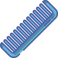 Blue plastic comb with fine teeth and dark blue outline on a transparent background symbolizing hair care and styling tool