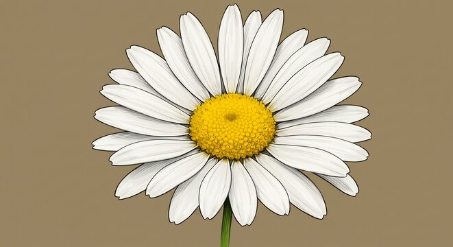 輝く純白の花びらが幾重にも重なり合い鮮やかな黄色の花芯が眩しく輝く息をのむほど美しいデイジーのデジタルイラストレーション穏やかな光が全体を優しく包み込み温かいベージュの背景が花を一層引き立てる心和むデザイン清潔感あふれる自然な美しさ. AI Generated - Powered by Adobe