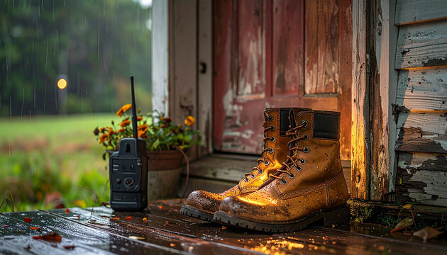 Wet boots and radio on a porch during rain