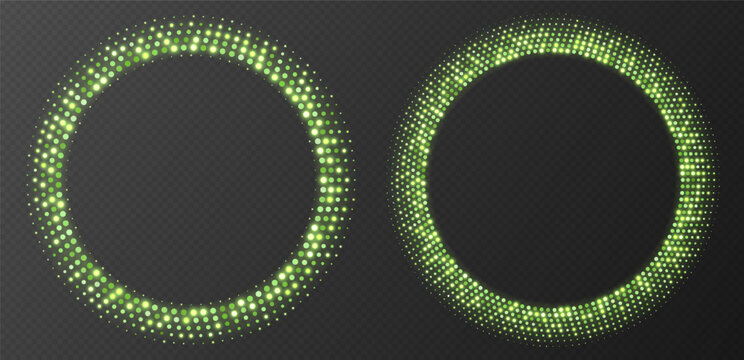Green halftone frames, glowing circle borders, round pattern with dots, radial disco luxury design element. Vector illustration.