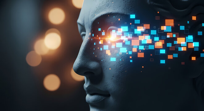 A digital artwork depicts a classical sculpture's profile, with a glowing eye comprised of geometric shapes, symbolizing technology and innovation.