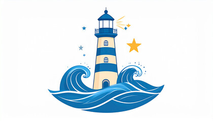 Colorful lighthouse illustration with stars and waves
