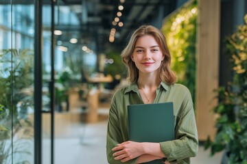 Fototapeta premium Smiling Businesswoman in Modern Office with Green Plants