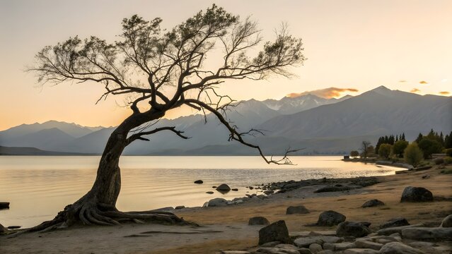 Lake wanaka tree at sunset with mountains in the background, new zealand - Powered by Adobe