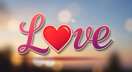 A vibrant and colorful graphic design featuring the word 'Love' with a heart symbol replacing the letter 'o', set against a blurred sunset background