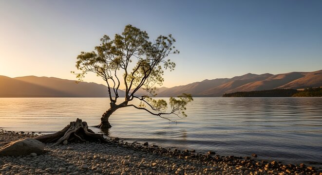Lone tree in lake wanaka at sunset with mountains in the background