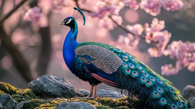 A peacock, vibrant with iridescent blues and greens, rests atop rocks, framed by delicate pink cherry blossoms.
