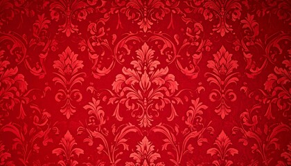 Red damask wallpaper with symmetrical floral and ornamental motifs, elegant and vintage interior texture.