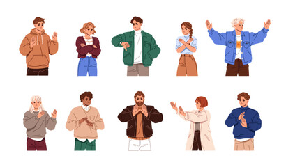 Set of refusing people. Men and women say stop or no with hand gestures. Characters denial, disagree, showing negative body language signs. Flat isolated vector illustrations on white background © Paper Trident
