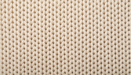 Close-up of cream knitted fabric with vertical interlocking loops, soft texture and repetitive pattern.