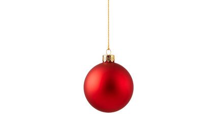 Single Red Matte Christmas Ball Ornament Hanging on Gold String Isolated PNG | Elegant Festive Decoration