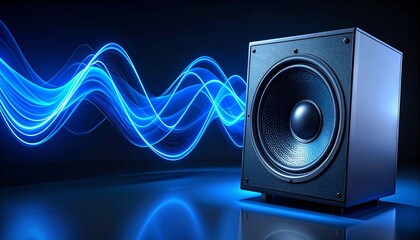 Black speaker emitting glowing blue sound waves on dark background, audio technology and sound propagation.