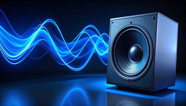 Black speaker emitting glowing blue sound waves on dark background, audio technology and sound propagation.