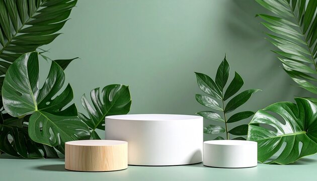Minimalist skincare containers with tropical leaf backdrop, clean and natural product display.