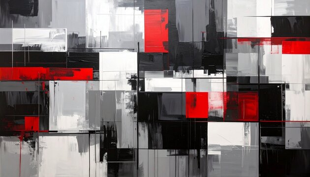 Fragmented rectangles and squares in black, red, gray, and white, bold geometric abstraction.
