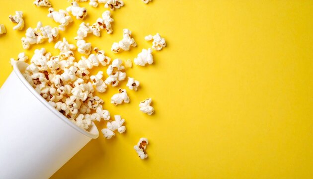 White paper cup spills popcorn on bright yellow surface, playful and bold snack composition.