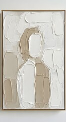 Abstract modern art piece featuring textured neutral tones with layered brushstrokes and geometric shapes in a minimalist style