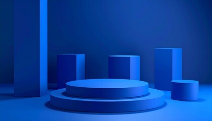 Monochromatic blue 3D podium scene with layered circular platform and geometric shapes, minimalist and abstract.