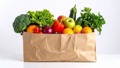 Brown paper grocery bag overflowing with colorful fresh produce on white background, vibrant and healthy.