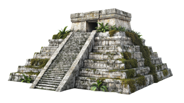 Stone temple ruin surrounded by vegetation
