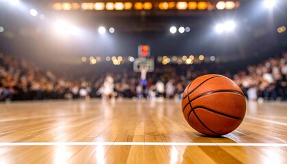 Basketball on polished court floor with hoop and crowd in background, game atmosphere.