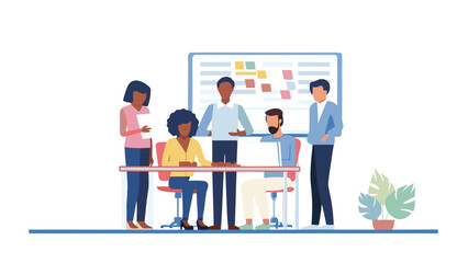 Diverse team of professionals collaborating around a table with a laptop and a whiteboard with sticky notes in a modern office setting