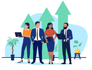 A diverse and successful business team stands together with laptops in front of three large rising green arrows, symbolising business growth and positive progress in a flat design vector illustration