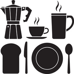 Morning Breakfast Setup Silhouette with Coffee Pot Cup Bread Knife Plate and Spoon