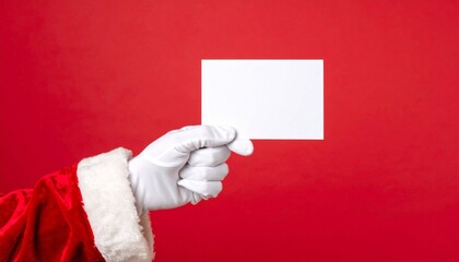 Santa-gloved hand holding blank card on red background, festive and minimal.