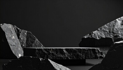Stark slab bridging angular rocks in monochrome, dramatic lighting and sculptural tension.