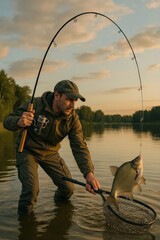 Naklejka premium Angler lands a fish with a net at sunset, standing in shallow lake water with a bent rod.