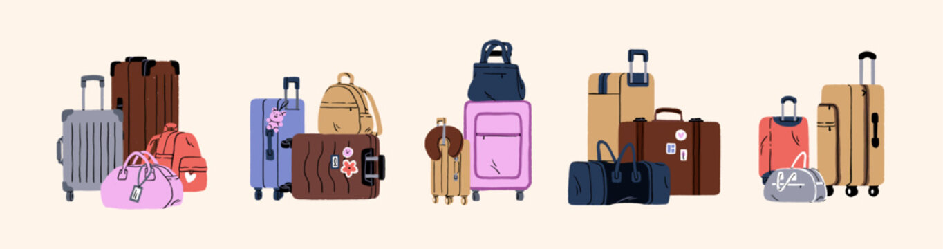 Doodle set of luggages. Suitcases and bags with different sizes for travelling. Backpacks and handbags for journeys in summer vacations. Flat isolated vector illustrations on white background
