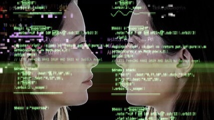 female face mirrored with overlayed code and data - Powered by Adobe