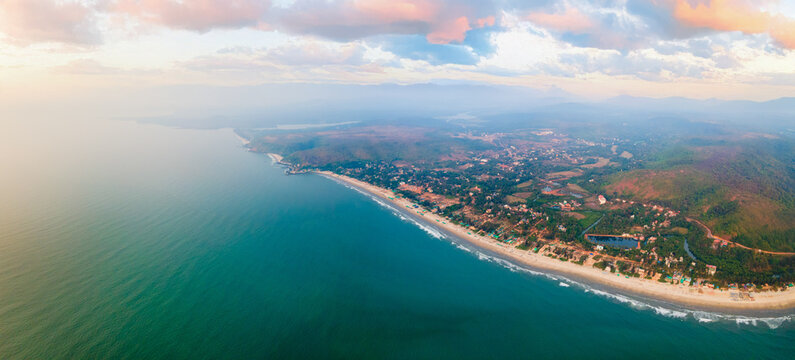 Arambol Beach aerial panoramic view in Goa, India
