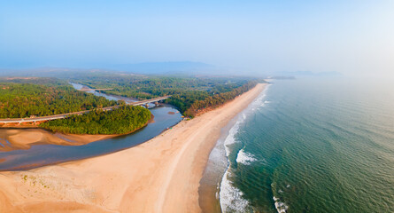 Galgibaga Beach aerial panoramic view in Goa, India