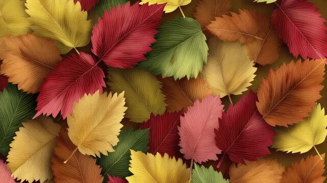 A dense collage of stylized leaves with serrated edges in autumn colors of red yellow green and orange The leaves feature prominent parallel veins creating a textured overlapping pattern